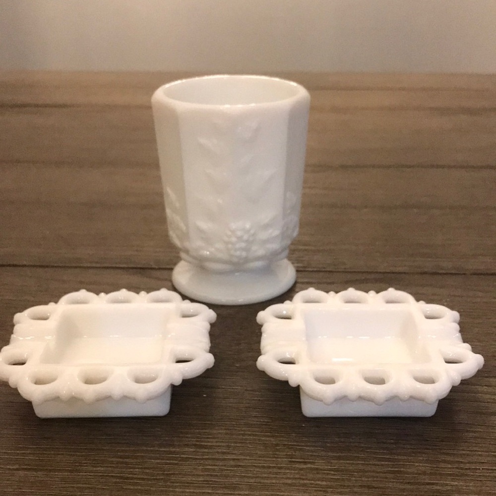 Westmoreland vintage grape pattern drinking glass and two unmarked ashtrays